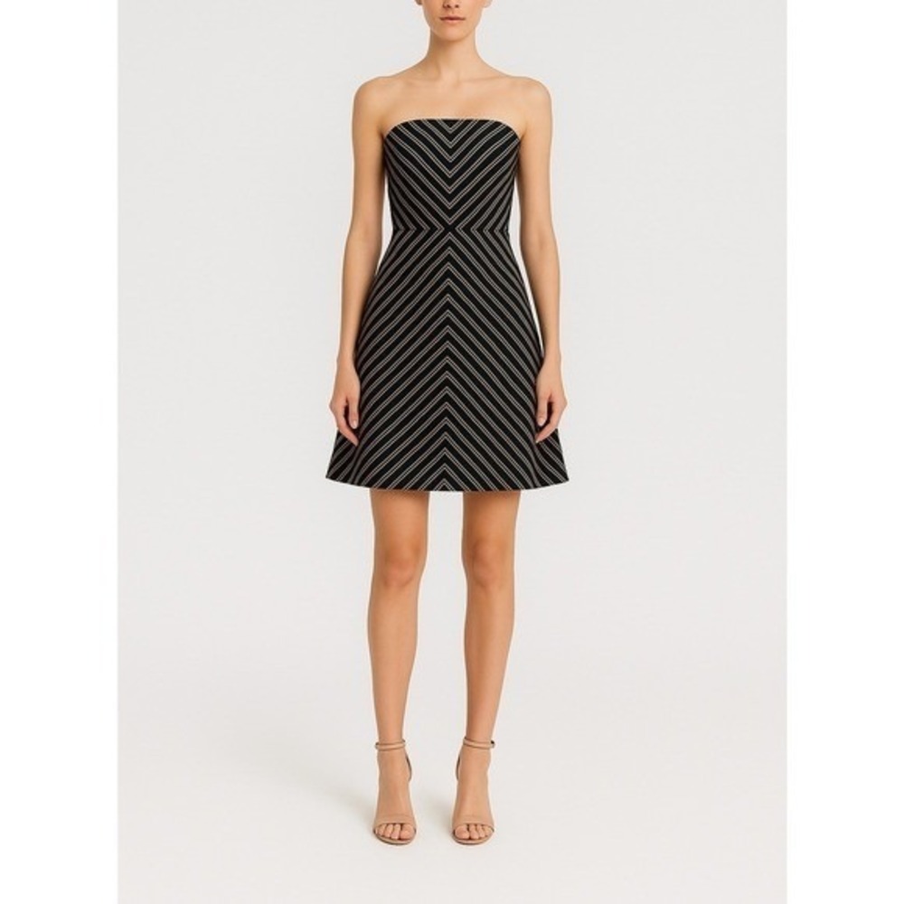 White House Black Market Strapless Stripe A-Line Mini Dress Black Beige‎ Size 2